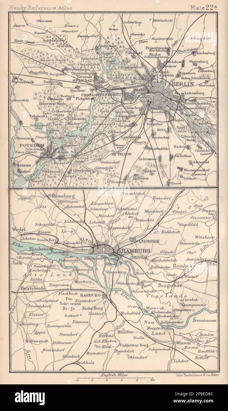 Environs de Berlin et Hambourg. Allemagne. BARTHOLOMEW 1898 carte ancienne Banque D'Images