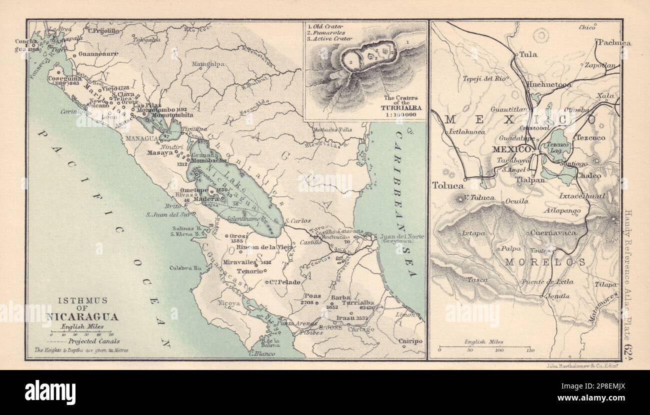 Isthme du Nicaragua. Mexico. Cratères de la vieille carte de Turrialba 1898 Banque D'Images