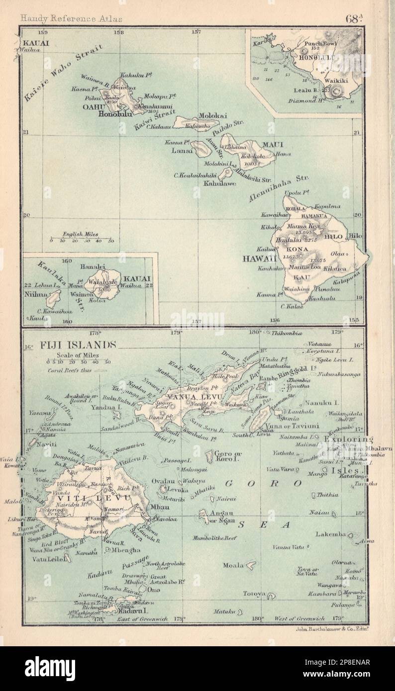 Hawaï et les îles Fidji. Kauai. Honolulu. BARTHOLOMEW 1898 carte ancienne Banque D'Images