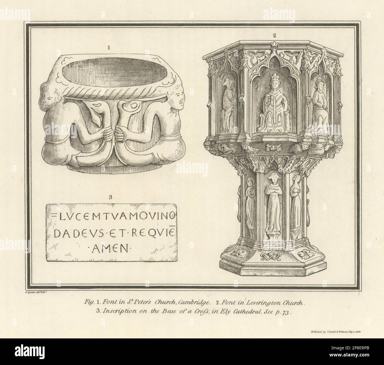 Polices dans St. Peter's Church, Cambridge & Leverington Church. Imprimé LYSONS 1810 Banque D'Images