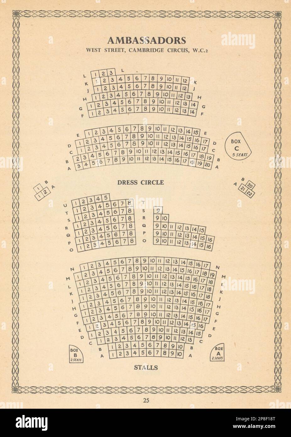 Ambassadeurs Theatre, Charing Cross Road, Londres. Plan d'agencement vintage 1960 Banque D'Images