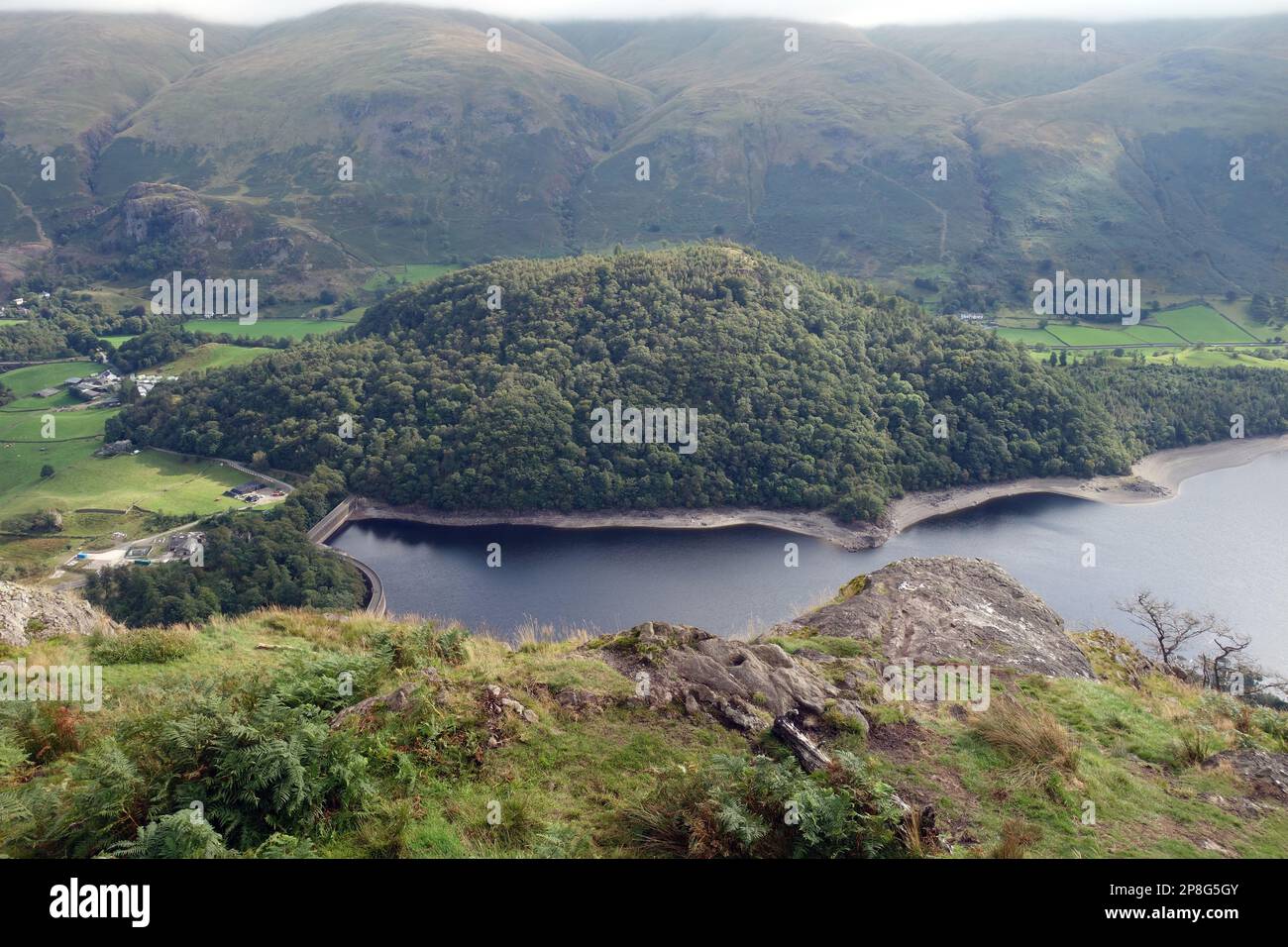 La colline boisée « Great How » et le barrage du réservoir de Thirlmere depuis le Wainwright « Raven Crag » dans le parc national de Lake District, Cumbria, Angleterre, Royaume-Uni. Banque D'Images