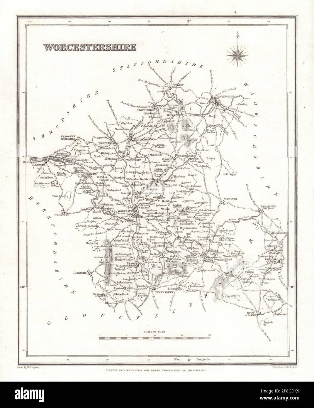 Carte du comté de Worcester antique par Starling & Creighton pour Lewis c1840 Banque D'Images