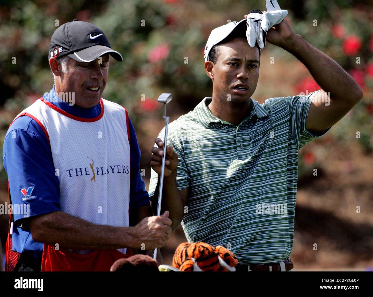 Tiger Woods, right, wipes his brow as he hands his putter to caddie Steve Williams while waiting to hit his tee shot on the 18th hole, his ninth, during the first round of The Players Championship golf tournament at TPC Sawgrass in Ponte Vedra Beach, Fla., Thursday, May 7, 2009. (AP Photo/Lenny Ignelzi) Banque D'Images