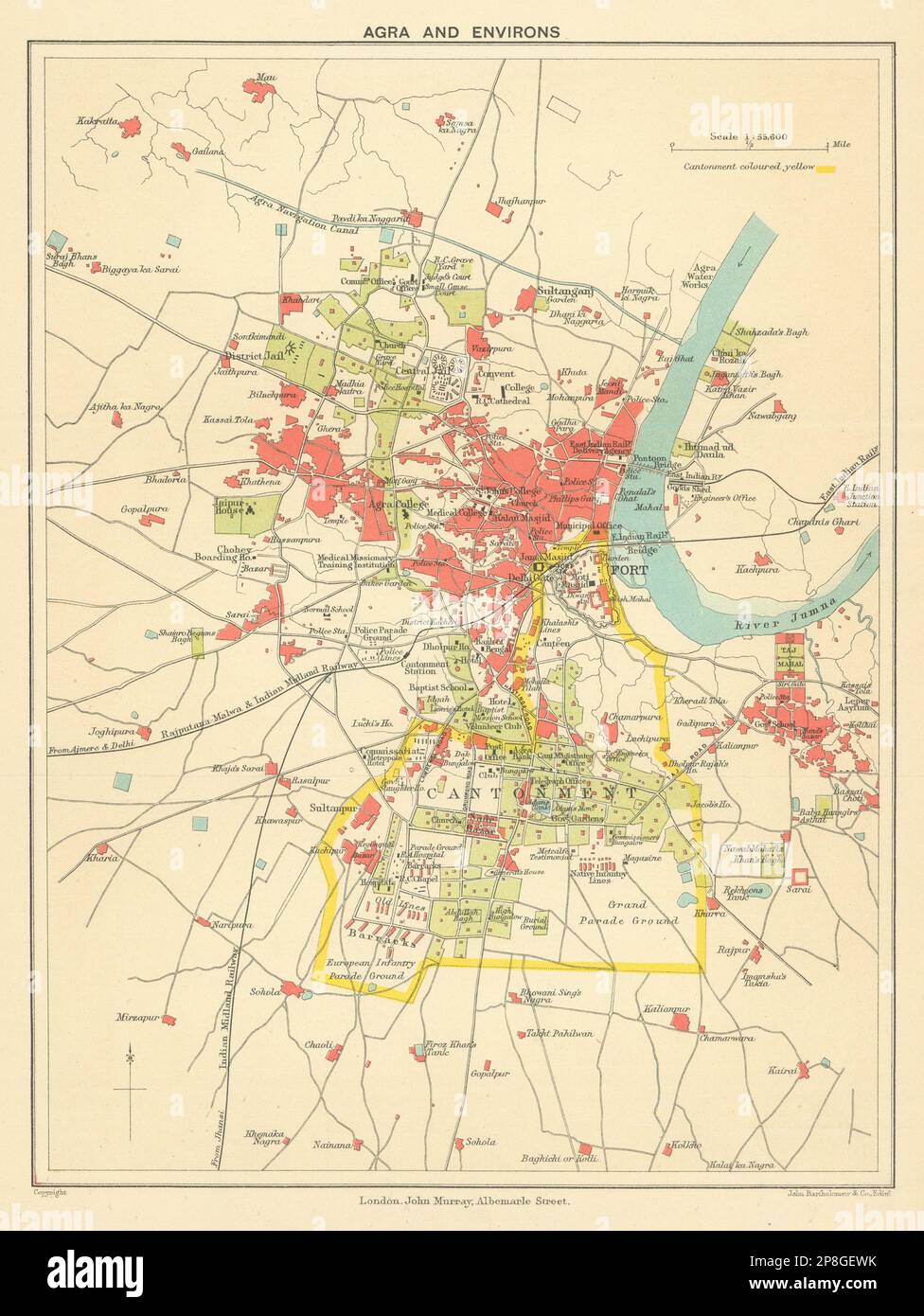 INDE BRITANNIQUE. Agra et environs. Afficher la carte de Cantonment, fort & Taj Mahal 1905 Banque D'Images