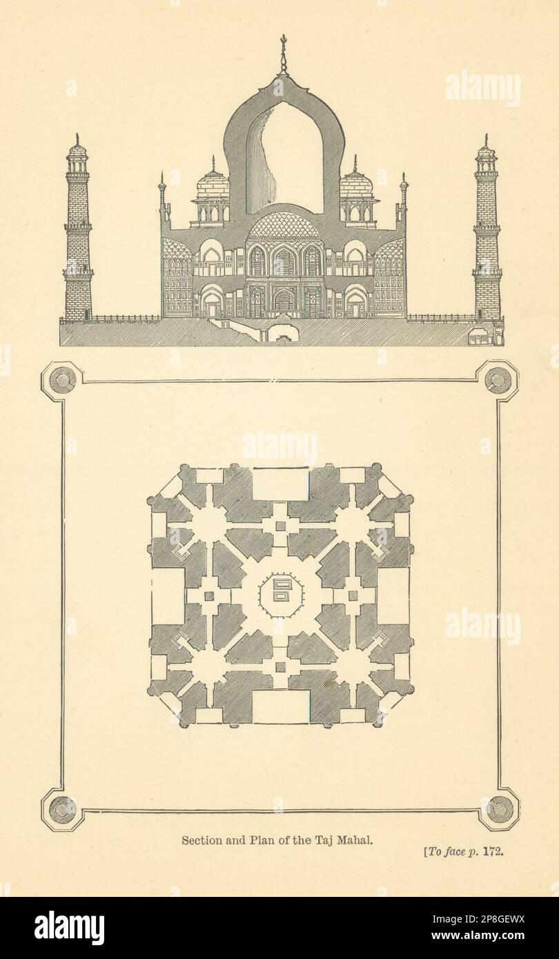 INDE BRITANNIQUE. Section et plan du Taj Mahal 1905 vieux imprimé antique Banque D'Images