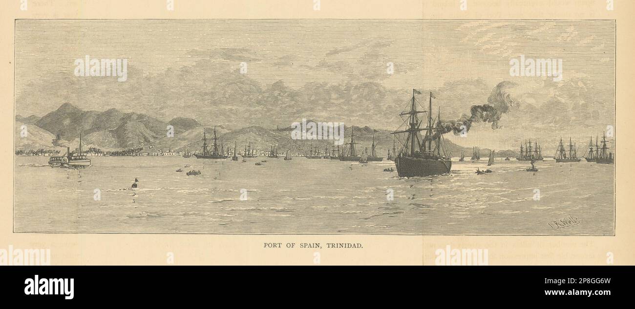 Panorama de Port d'Espagne, Trinité, de la mer 1889 vieux imprimé antique Banque D'Images