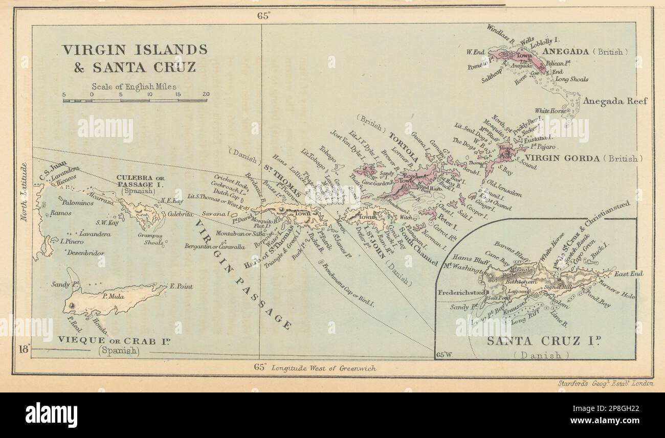 Îles Vierges et Santa Cruz. Gorda Tortola. STANFORD / WASHINGTON EVES 1897 CARTE Banque D'Images