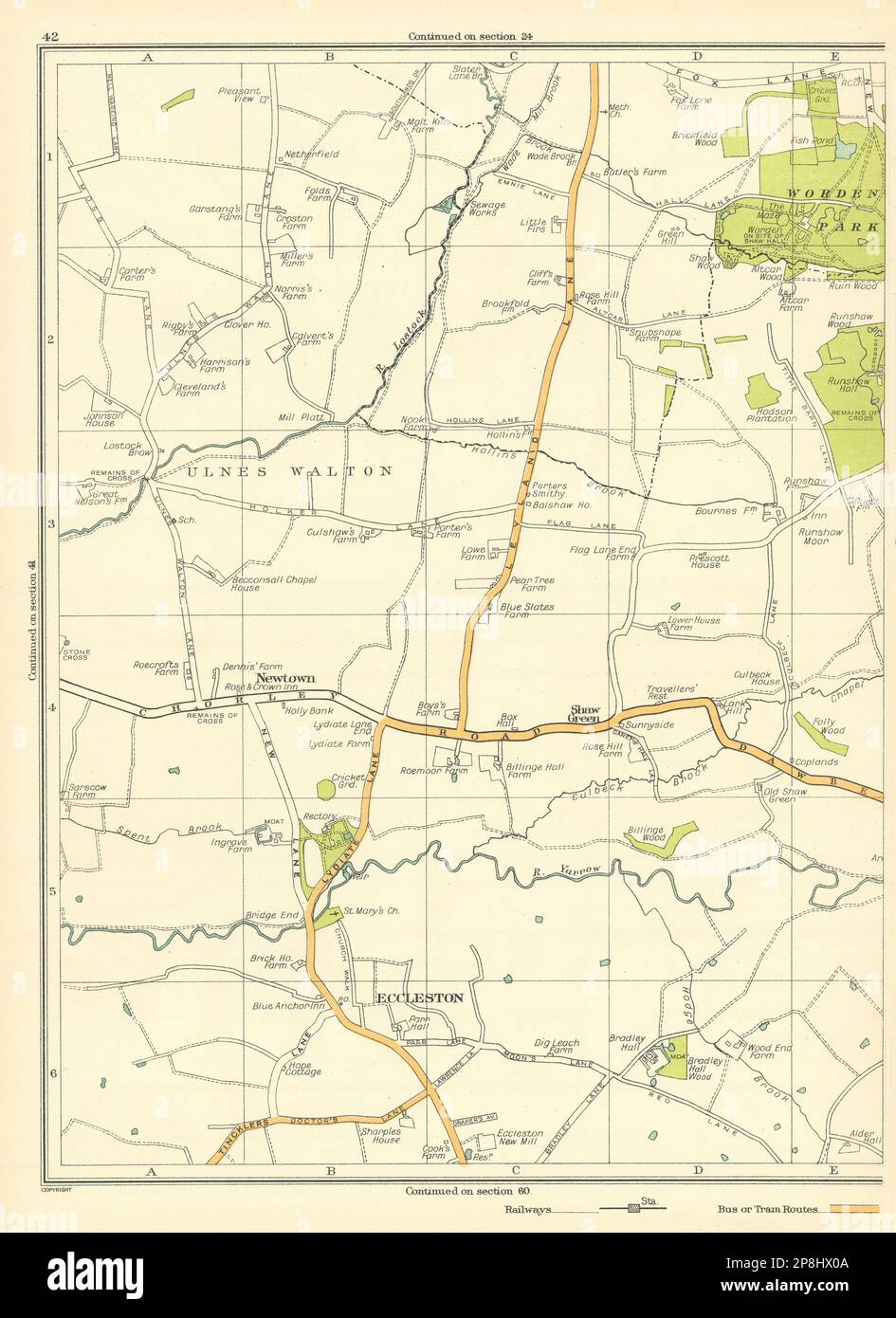 LANCASHIRE Eccleston Newtown Shaw Green Ulnes Walton Worden Park 1935 ancienne carte Banque D'Images