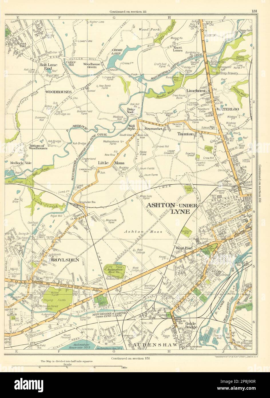 LANCASHIRE Ashton-Under-Lyne Droylsden Audenshaw Taunton Waterloo 1935 ancienne carte Banque D'Images