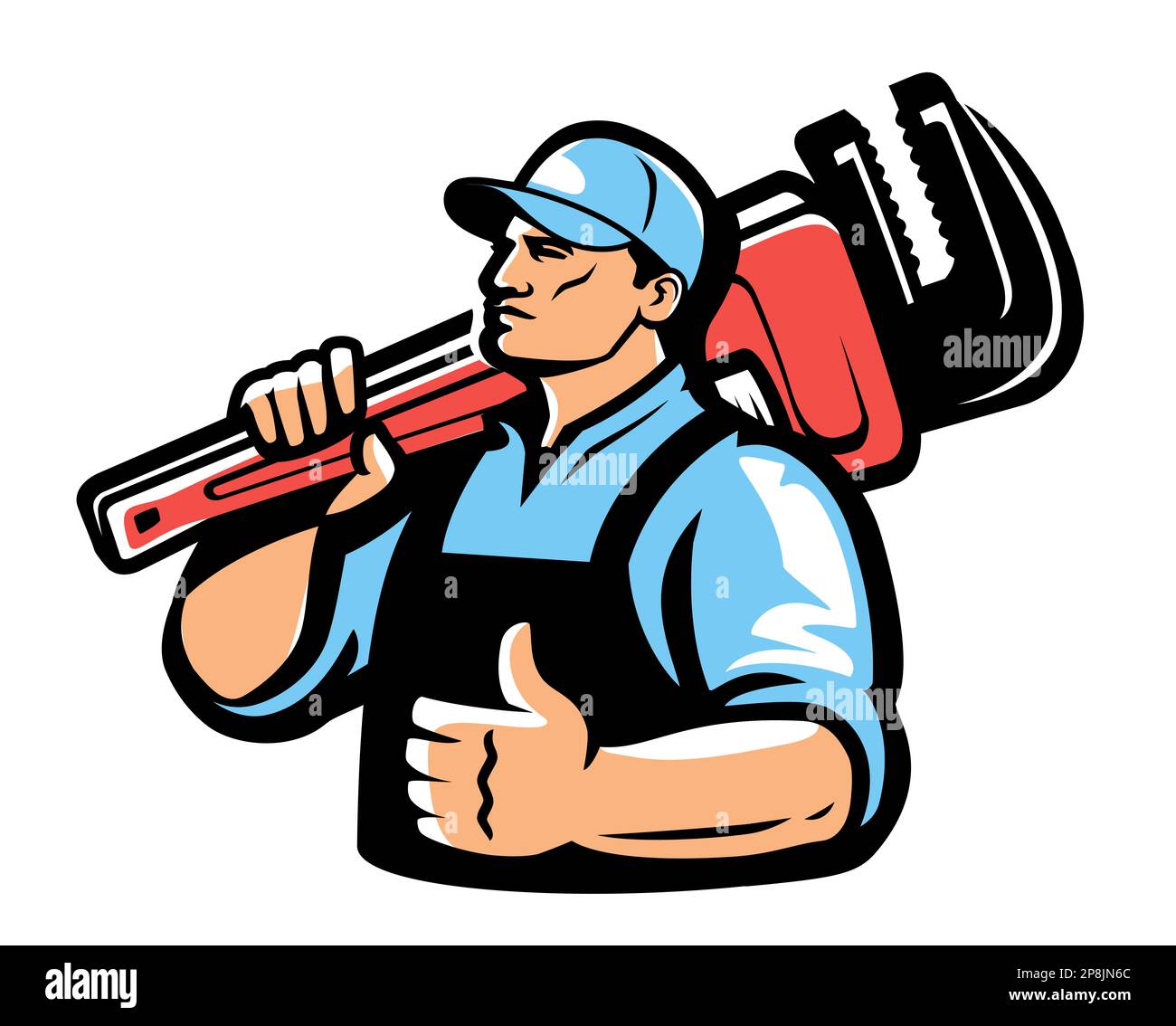 Emblème du service technique, logo de l'atelier. Plomber à l'aide d'une clé à plomberie. Illustration de travaux de construction et de réparation Banque D'Images