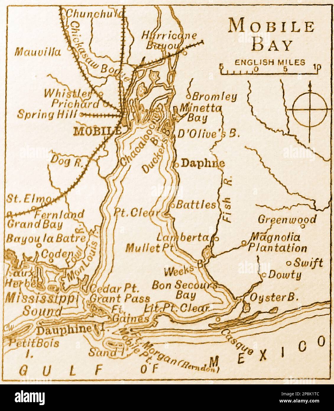 Une ancienne carte du 19th siècle de Mobile Bay dans le golfe du Mexique Banque D'Images