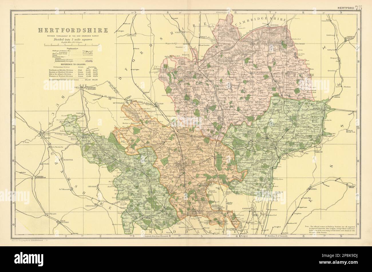 Carte du comté DE HERTFORDSHIRE. Circonscriptions parlementaires. Chemins de fer. BACON 1900 Banque D'Images