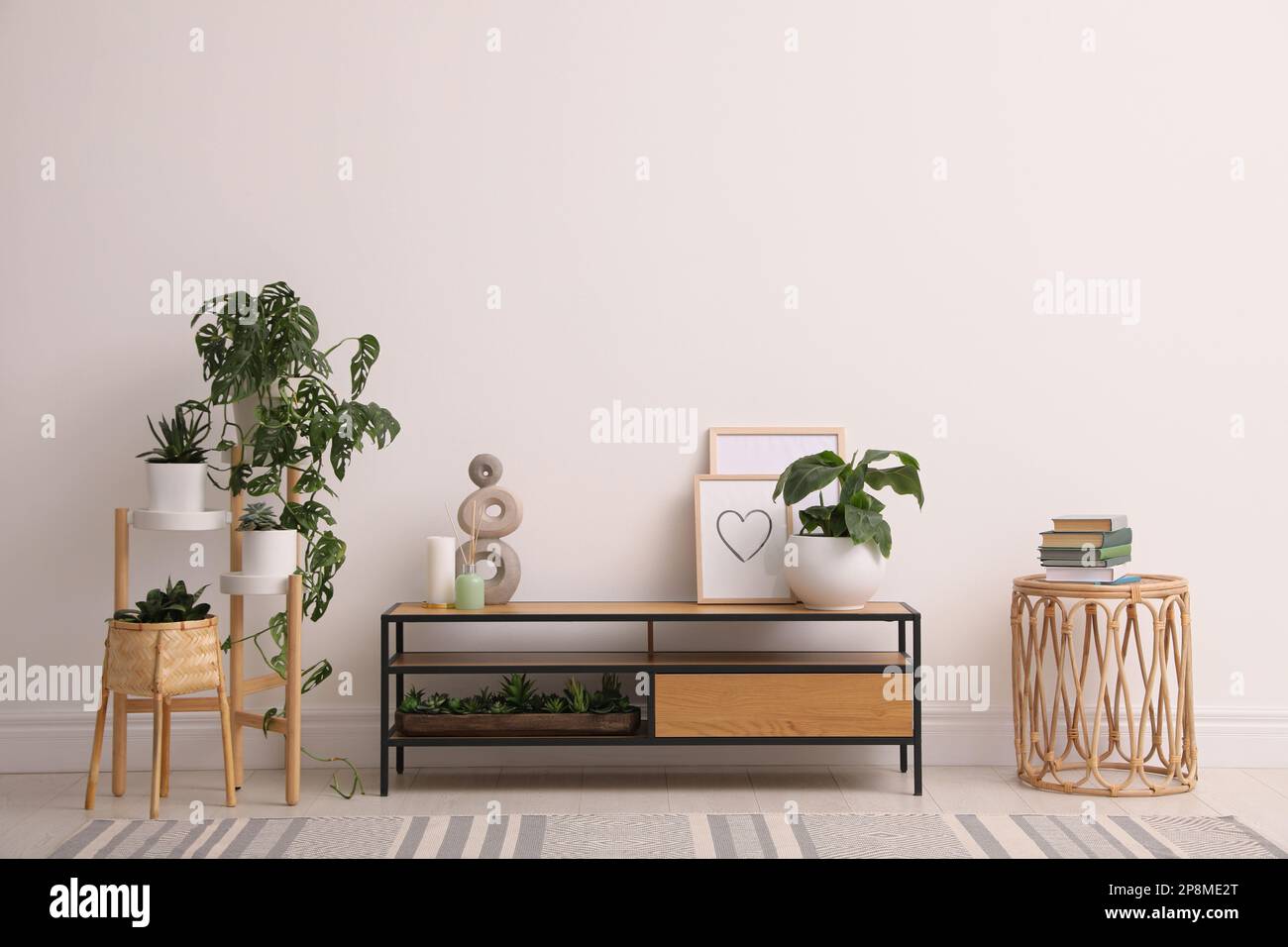 Intérieur élégant avec armoire en bois et belles plantes près du mur lumineux Banque D'Images