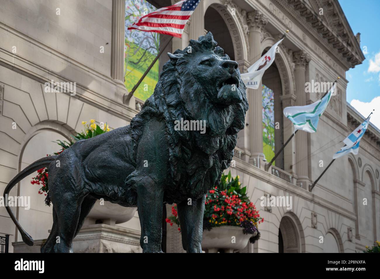 Un des lions de Michigan Avenue devant l'Art Institute of Chicago Banque D'Images