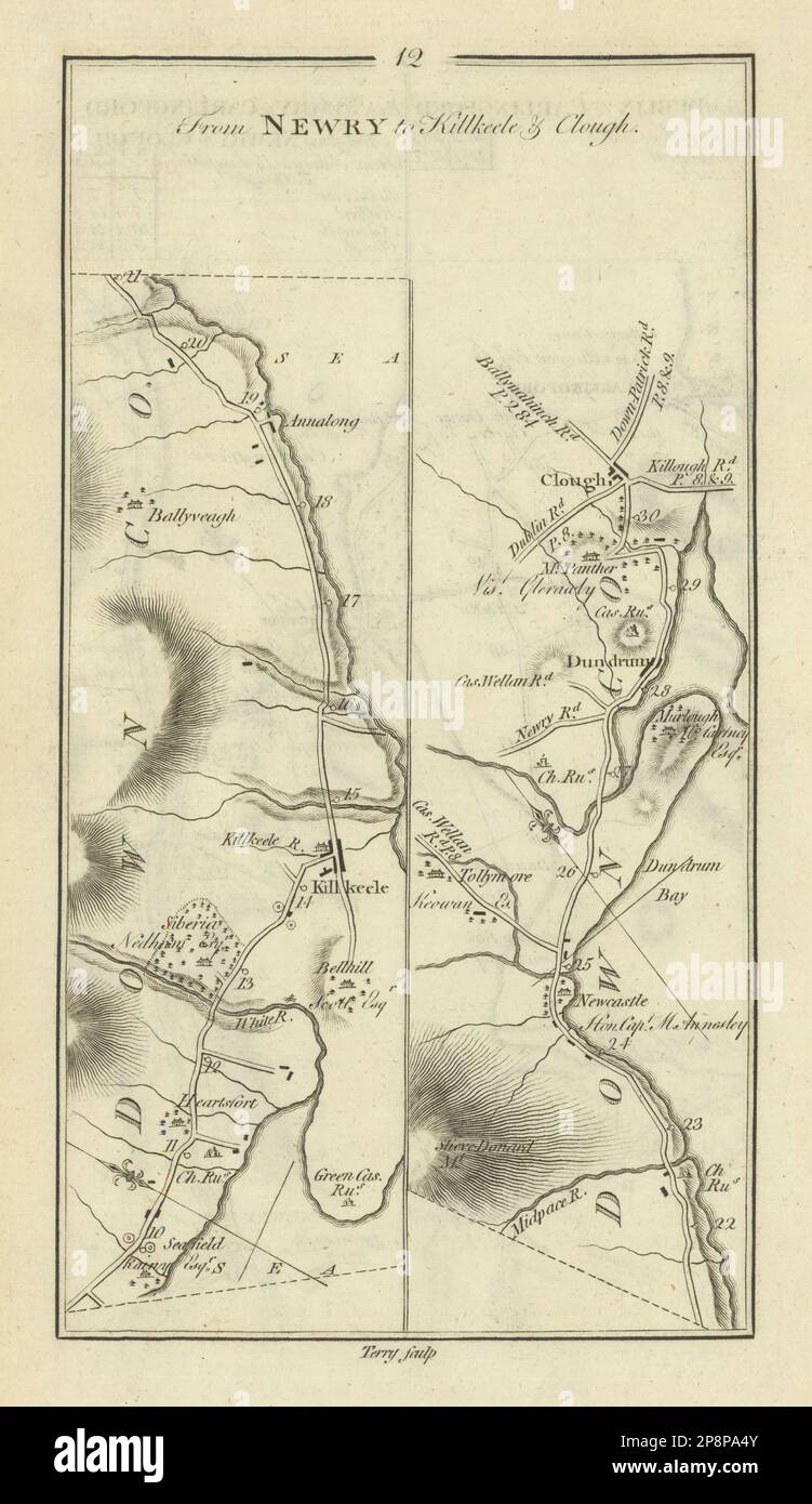 #12 de Newry à Kilkeel & Clough. Dundrum Annalong vers le bas. CARTE TAYLOR/SKINNER 1778 Banque D'Images