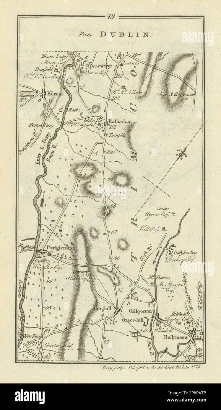 #18 Portglenone Ballymena Kilrea Rasharkin Ahoghill. CARTE TAYLOR/SKINNER 1778 Banque D'Images