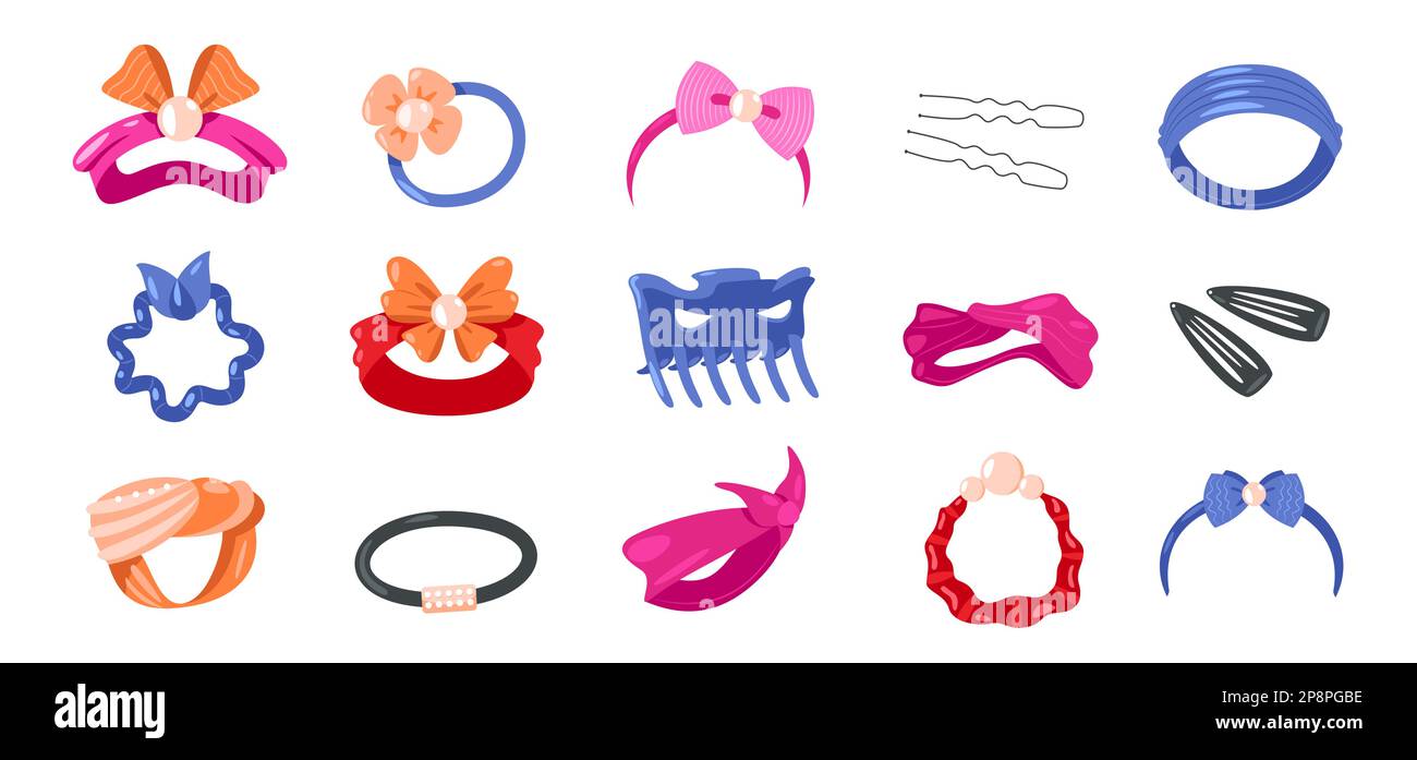 Accessoires pour cheveux femme. Dessin animé accessoire de cheveux girlish,  épingles à cheveux, bandeau, bigoudis et bandes élastiques. Ensemble  d'illustration vectorielle d'outils de mode de coiffure Vecteur par  ©winwin.artlab@gmail.com 467094914