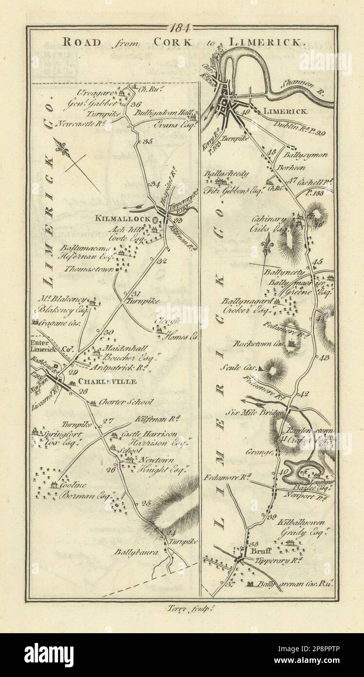 #184 Cork à Limerick. Charleville Kilmallock Bruff. CARTE TAYLOR/SKINNER 1778 Banque D'Images