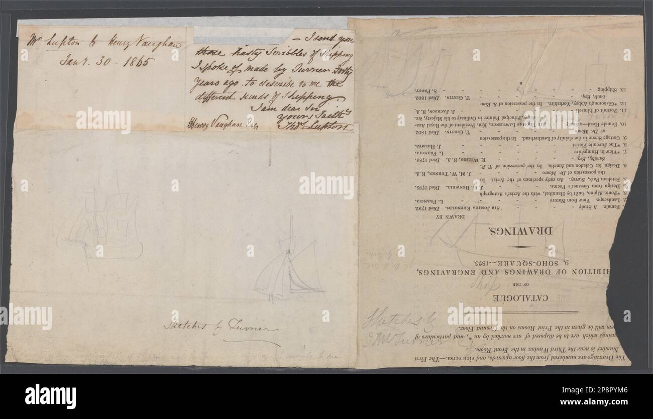 Croquis de deux navires sur une page de catalogue vers 1823 par Joseph Malbord William Turner Banque D'Images