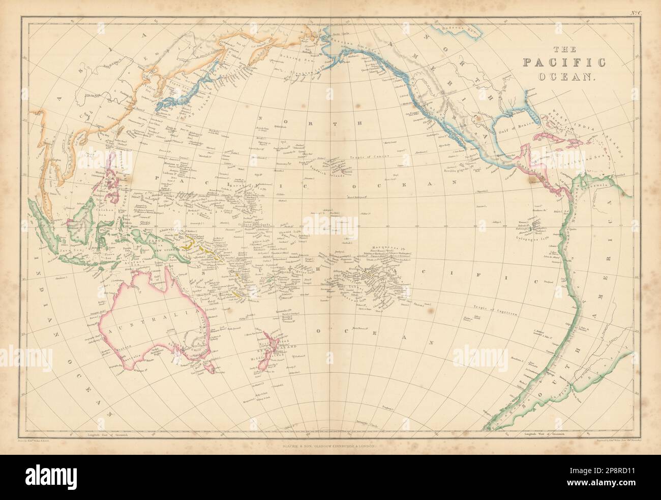 L'océan Pacifique par Edward Weller. Polynésie Micronésie Melanesia 1859 carte Banque D'Images