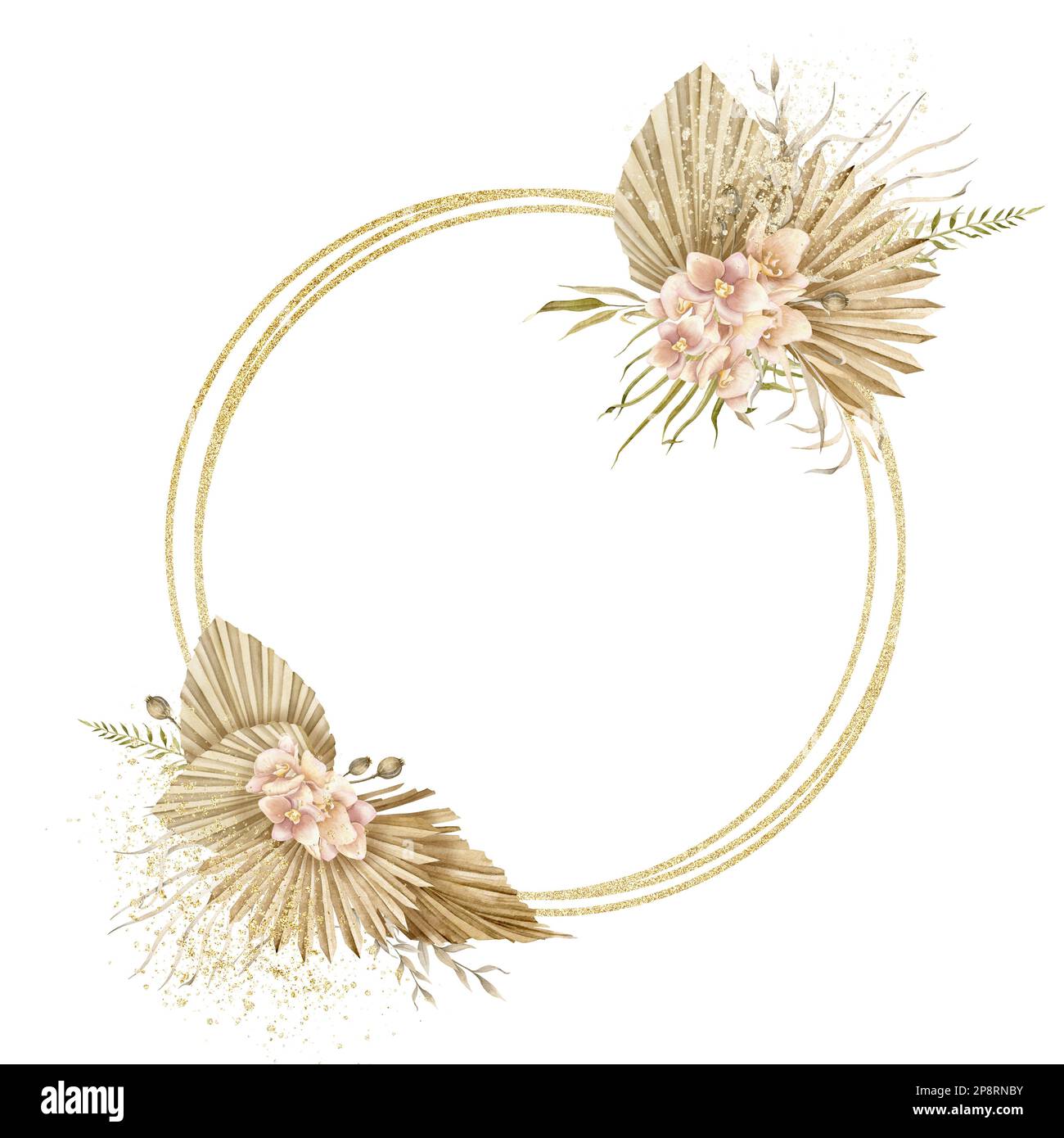 Cadre de cercle floral aquarelle avec feuilles de palmier séchées et fleurs d'orchidées rose pâle en style boho. Couronne isolée dessinée à la main. Modèle Bohemian pour cartes de vœux ou invitations dans des couleurs pastel. Banque D'Images