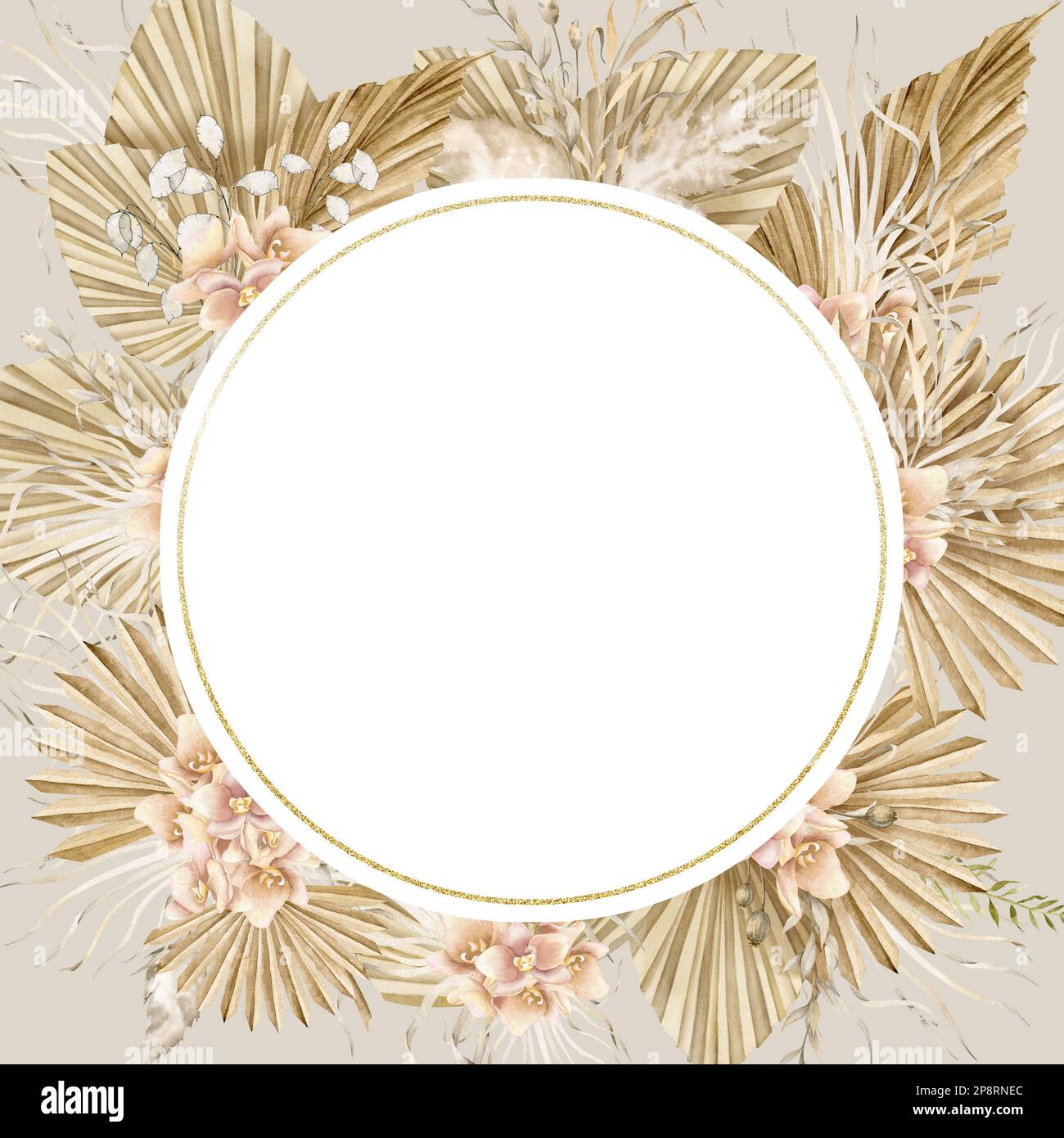 Couronne fleurie aux feuilles de palmier séchées et fleurs d'orchidées tropicales de style boho. Illustration aquarelle dessinée à la main de cercle exotique cadre sur un arrière-plan isolé. Modèle pour cartes de vœux. Banque D'Images