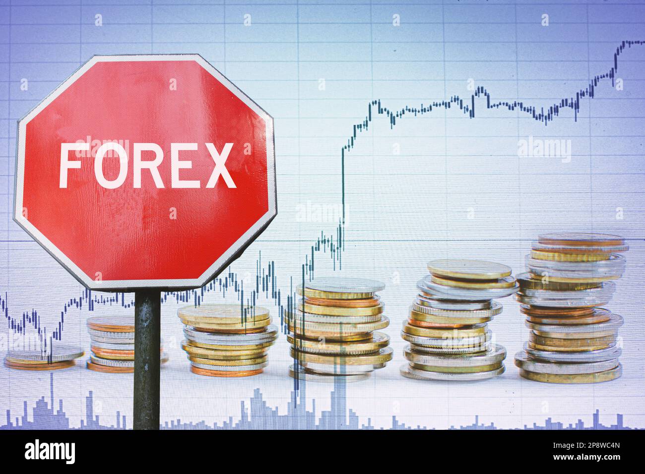 Signe Forex sur fond graphique et pièces. Banque D'Images