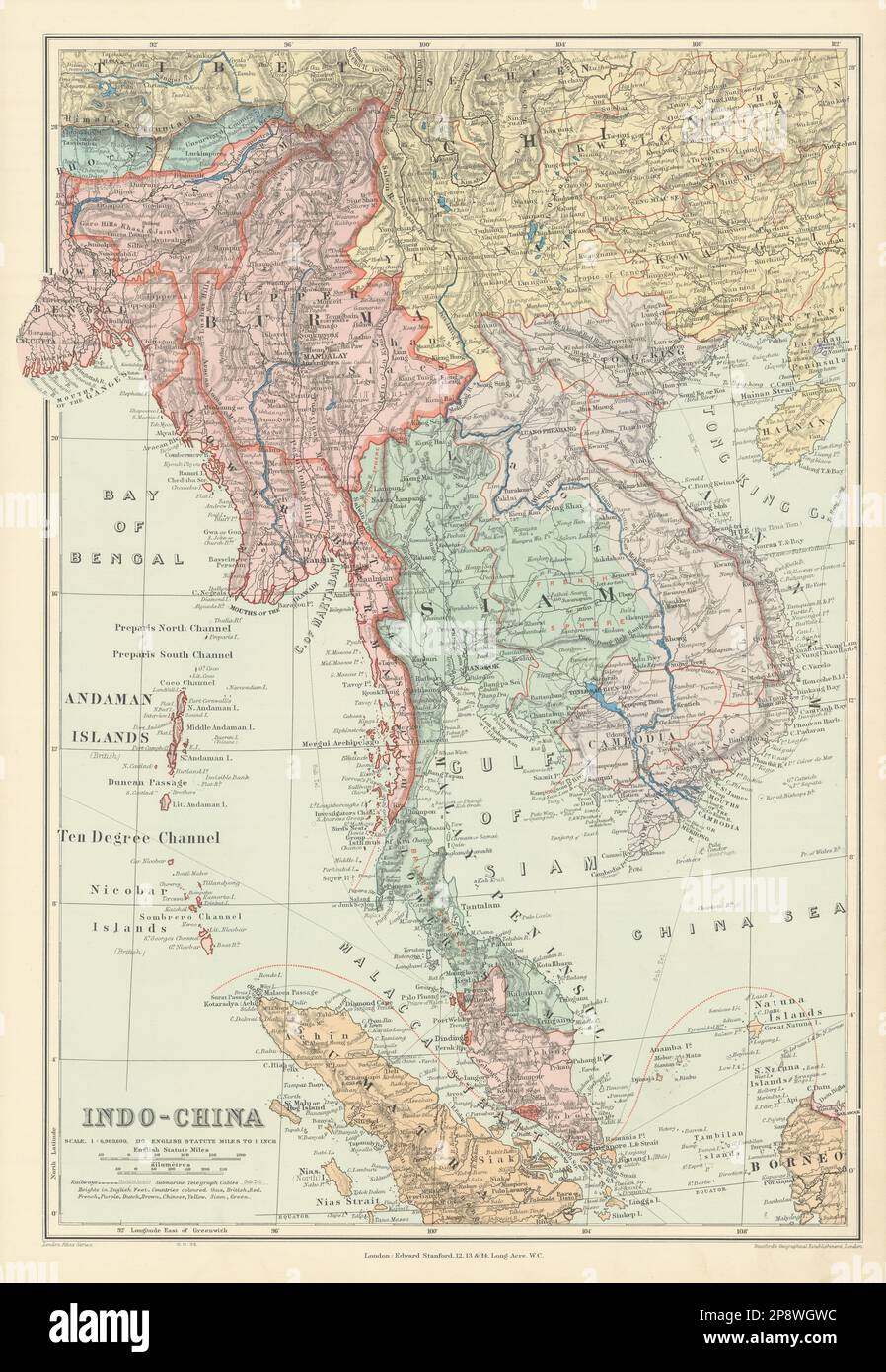 Indo-Chine. Indochine. Siam Annam Birmanie Thaïlande Cambodge. STANFORD 1904 carte Banque D'Images