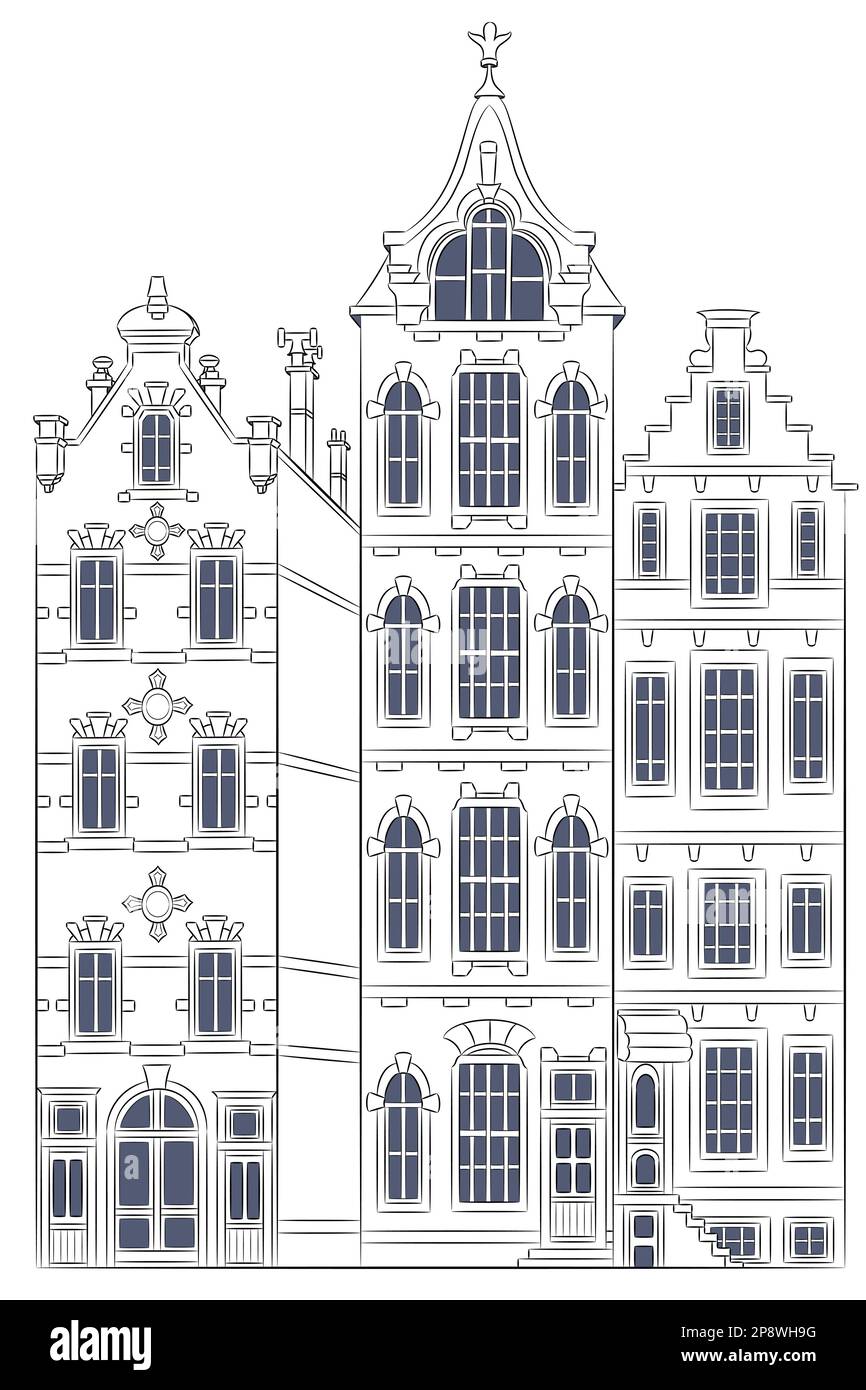 Dessin noir et blanc des façades de maisons traditionnelles sur le front de mer d'Amsterdam. Pays-Bas. Illustration vectorielle. Illustration de Vecteur