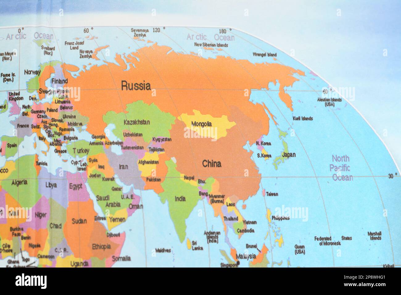 Asie et une partie des continents africains avec la Russie, la Chine, la Corée du Nord, la Corée du Sud, l'Inde, Pays arabes du Moyen-Orient, Iran, Pakistan, Ukraine, Japon, Mongol Banque D'Images