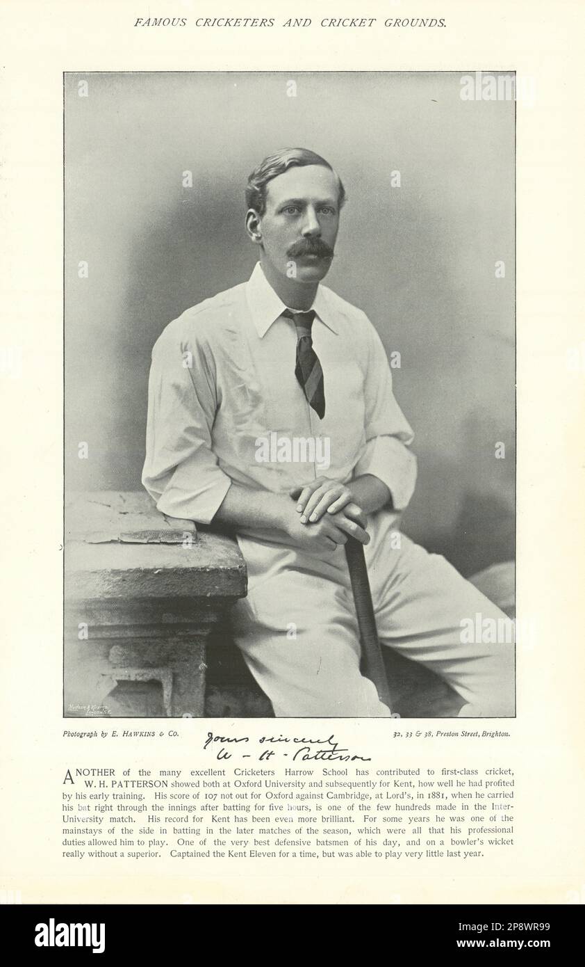 William Harry Patterson. Batteur. Kent Cricketer 1895 vieux imprimé antique Banque D'Images