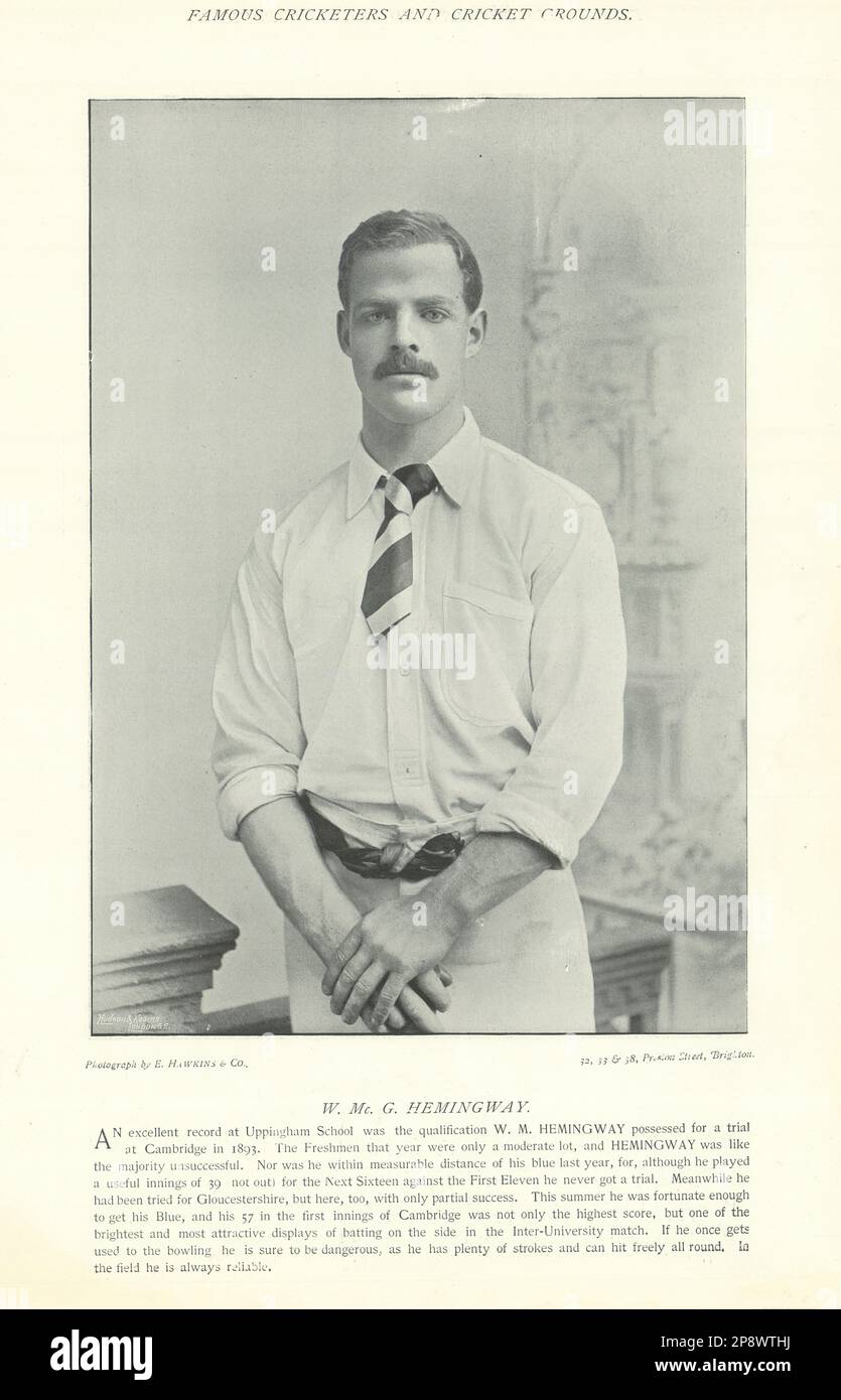 William McGregor Hemingway. Batteur. Cambridge Cricketer 1895 vieux imprimé Banque D'Images