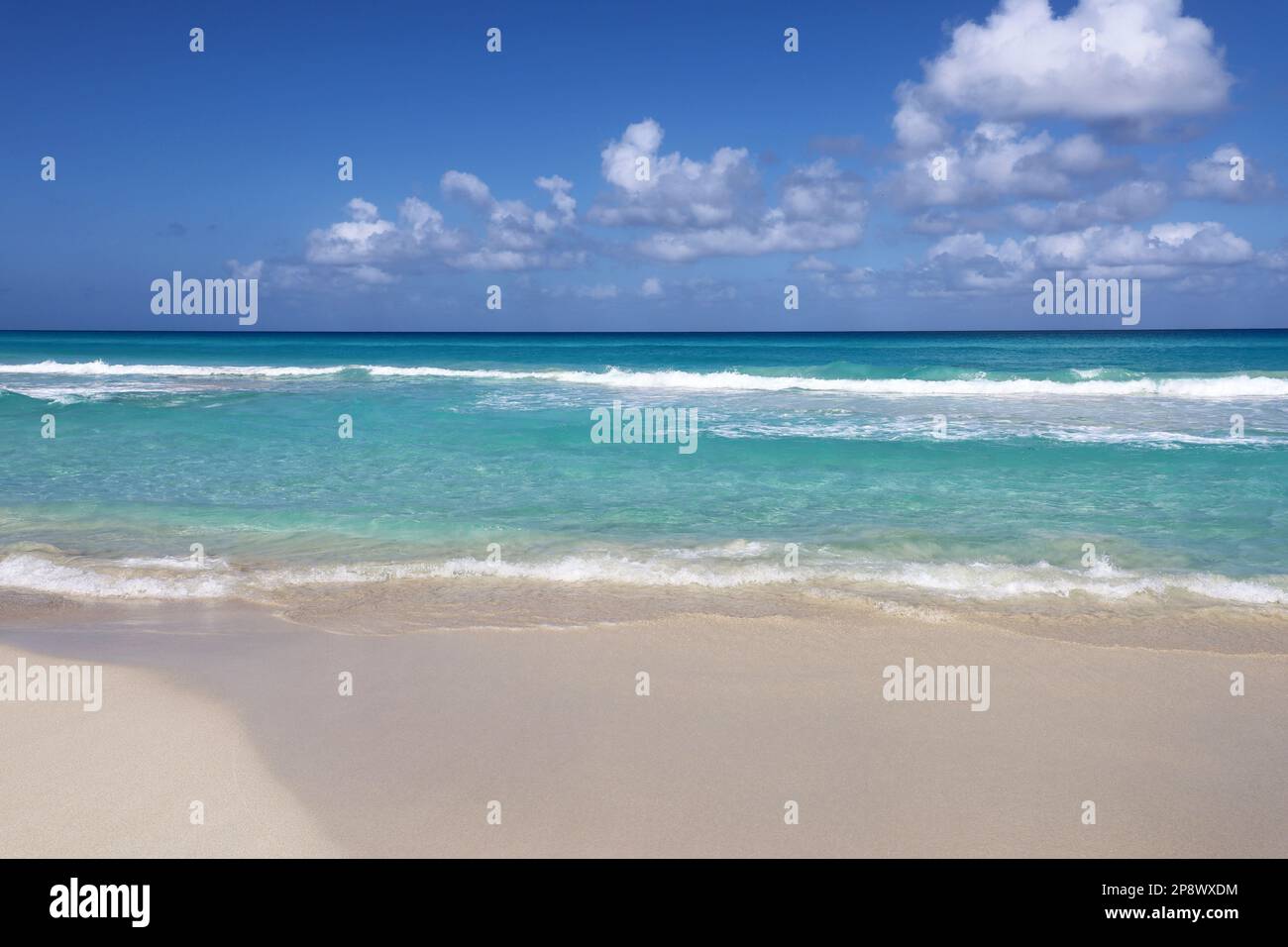 Plage tropicale avec sable blanc sur un océan, vue sur les vagues d'azur et le ciel avec des nuages. Côte des Caraïbes, arrière-plan pour des vacances sur une nature paradisiaque Banque D'Images