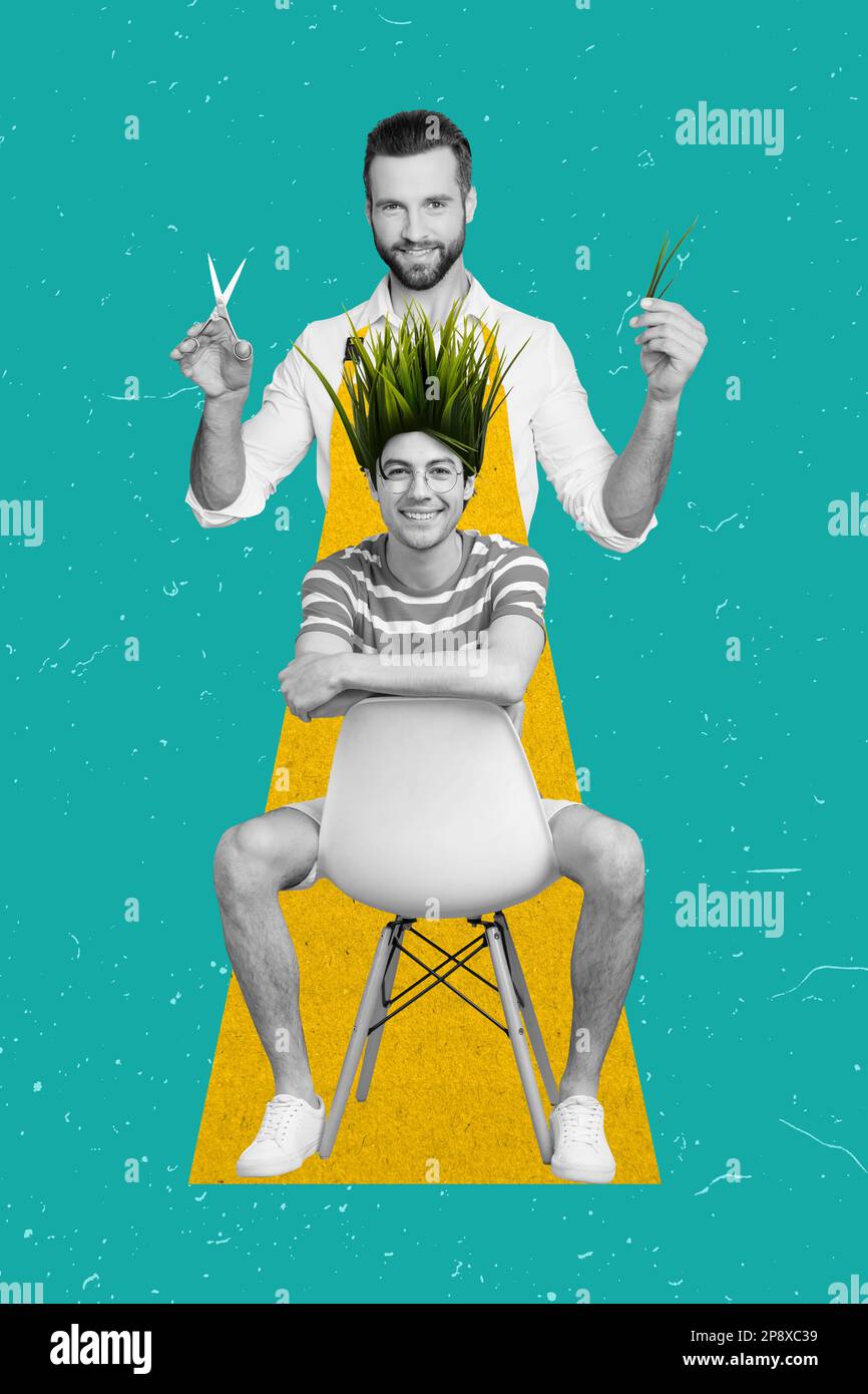 Vertical créatif 3D œuvres photo collage de l'homme assis dans l'herbe naturelle de barbershop au lieu de cheveux isolés sur le fond de dessin Banque D'Images