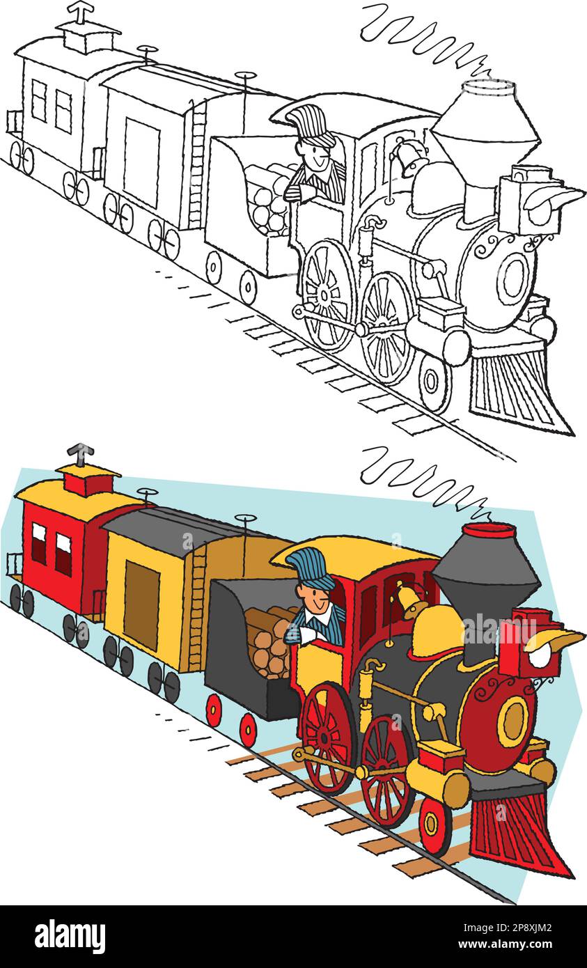 Un dessin animé rétro vintage d'un train antique de machine à vapeur. Illustration de Vecteur