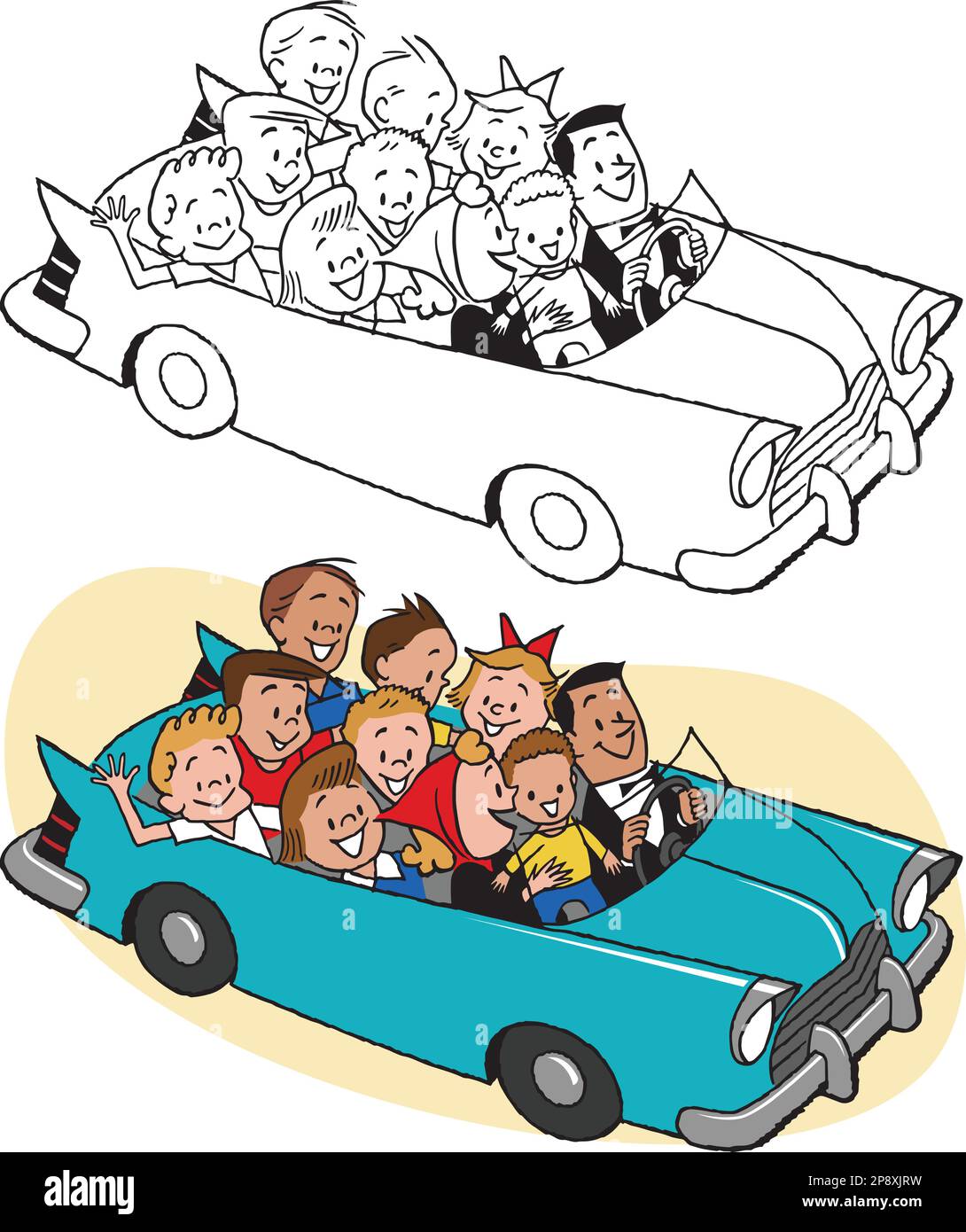 Un dessin animé rétro vintage d'une famille avec des enfants qui vont pour un trajet dans leur voiture convertible. Illustration de Vecteur
