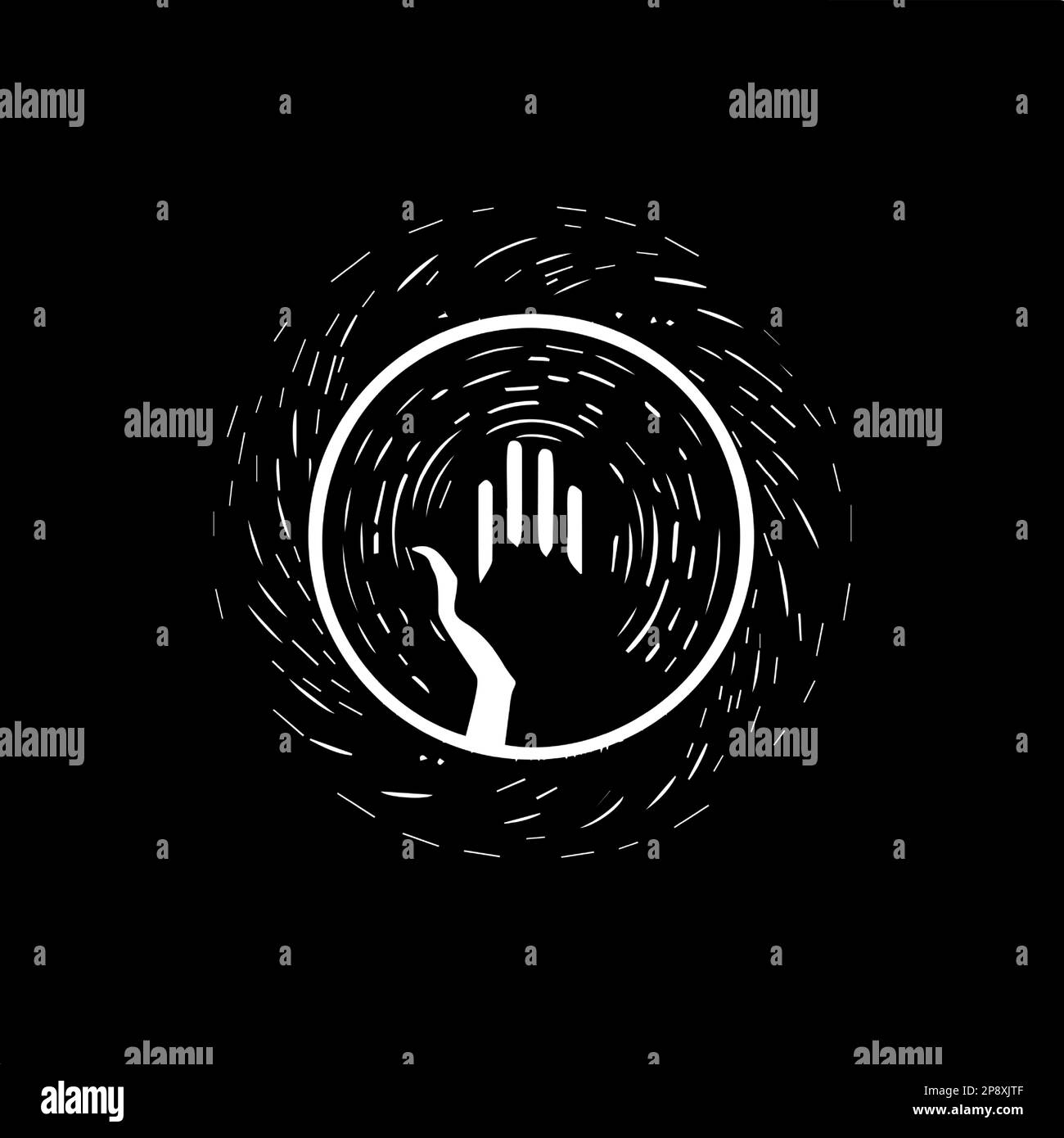 Modèle de logo rond minimaliste, icône blanche de bras dans la silhouette de cercle magique sur fond noir, concept de logotype moderne pour l'identité d'entreprise, t Illustration de Vecteur