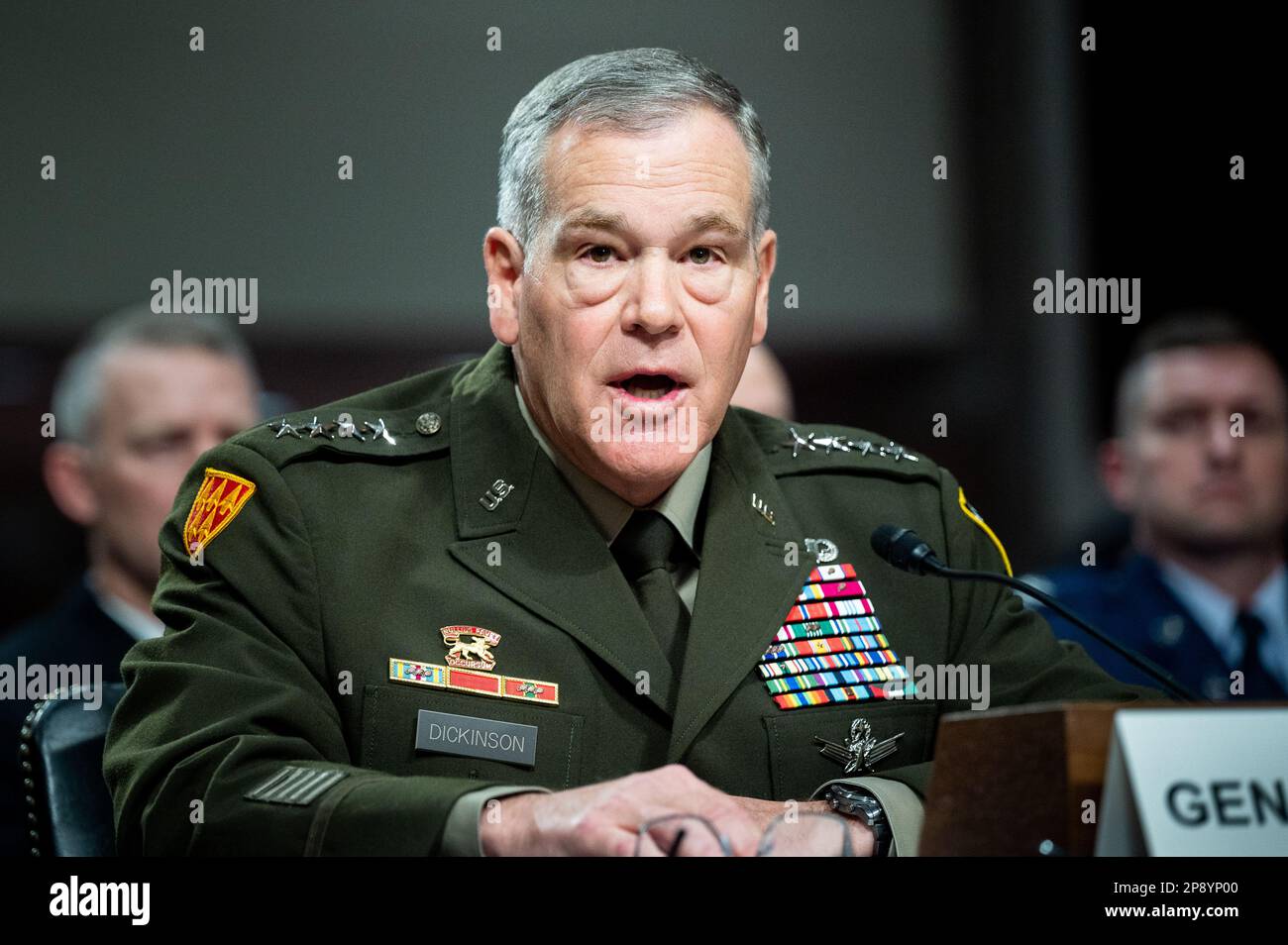 Washington, États-Unis. 09th mars 2023. Le général James Dickinson, commandant du Commandement spatial des États-Unis, s'exprimant lors d'une audience du Comité des services armés du Sénat au Capitole des États-Unis. Crédit : SOPA Images Limited/Alamy Live News Banque D'Images
