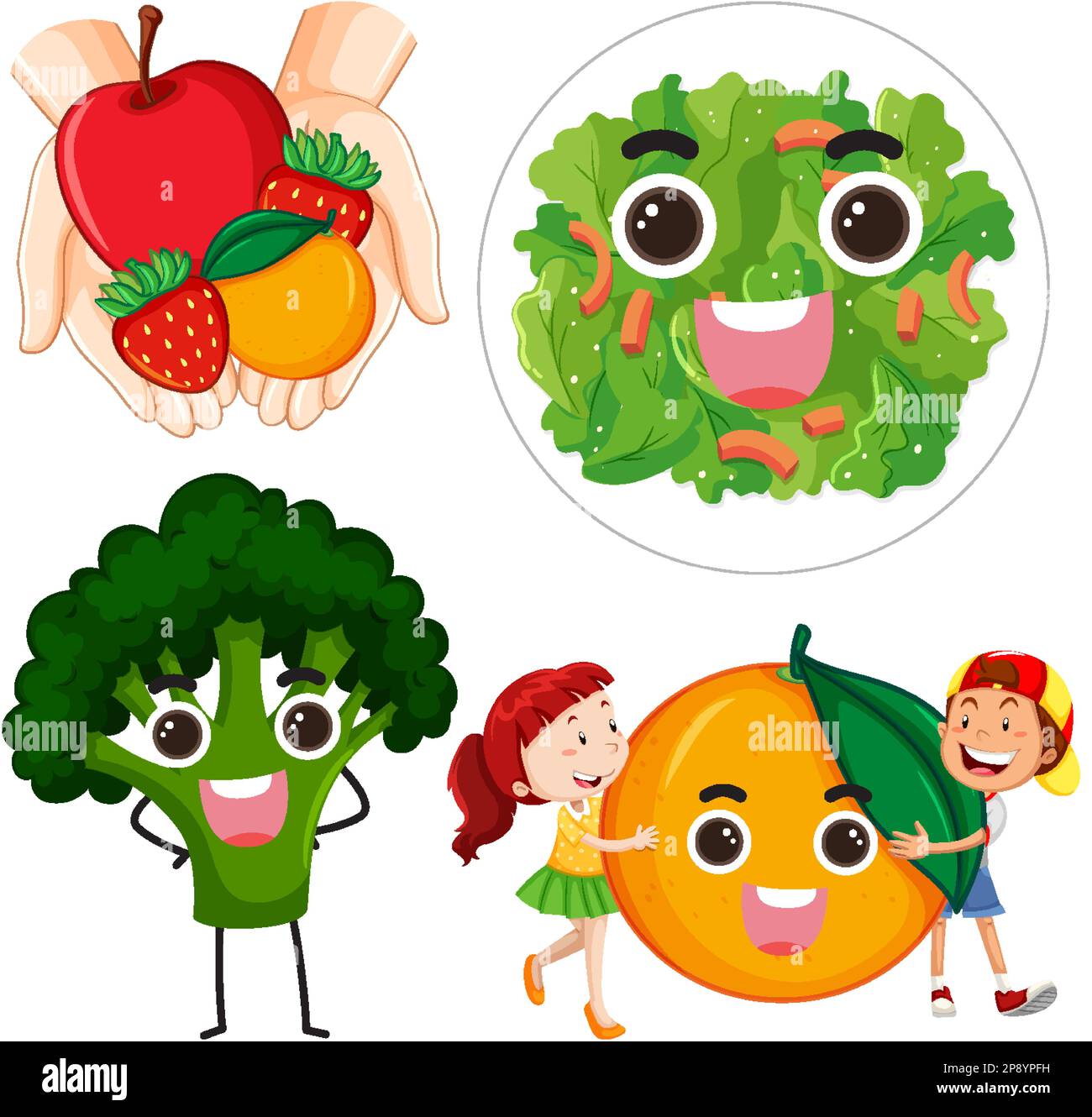 Ensemble de personnages de dessin animé fruits et légumes avec illustration du visage smiley Illustration de Vecteur
