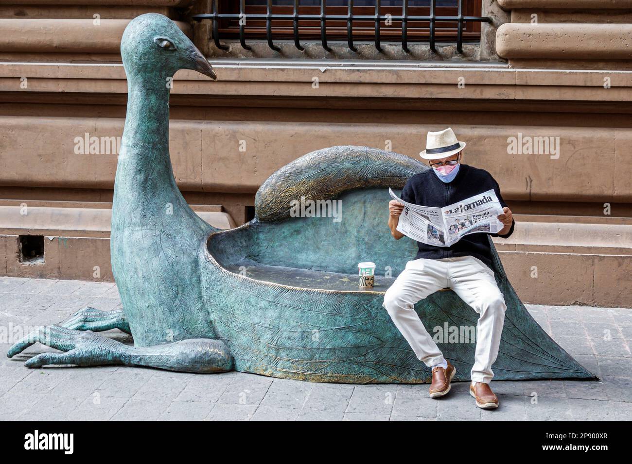 Mexico, sculpture de banc d'art public, journal de lecture, homme hommes, adultes, résidents, Covid-19 crise de santé pandémique, coronavi Banque D'Images