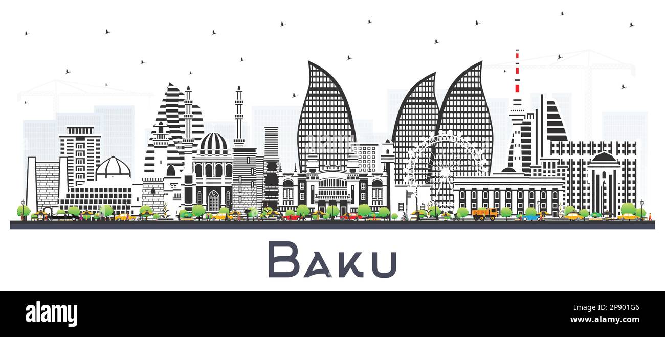 Baku Azerbaidjan City Skyline avec des bâtiments couleur isolés sur blanc. Illustration vectorielle. Bakou Cityscape avec des monuments. Illustration de Vecteur