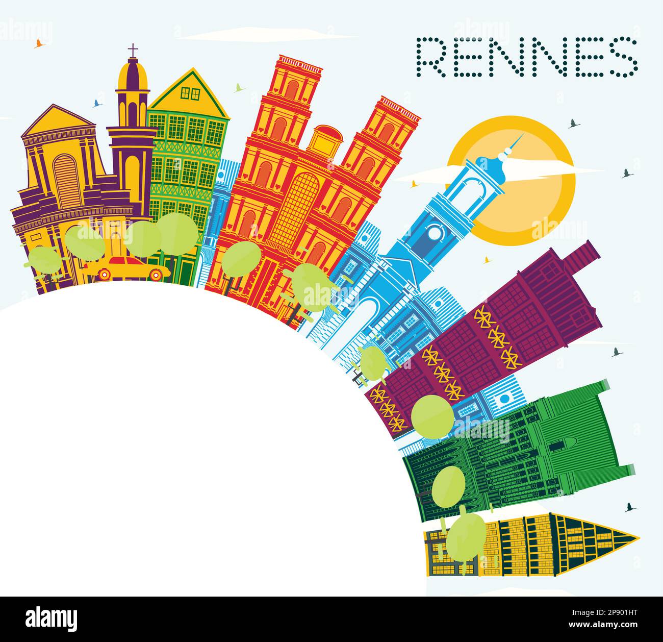 Rennes France Skyline avec bâtiments couleur, ciel bleu et espace copie. Illustration vectorielle. Voyages d'affaires et tourisme. Illustration de Vecteur