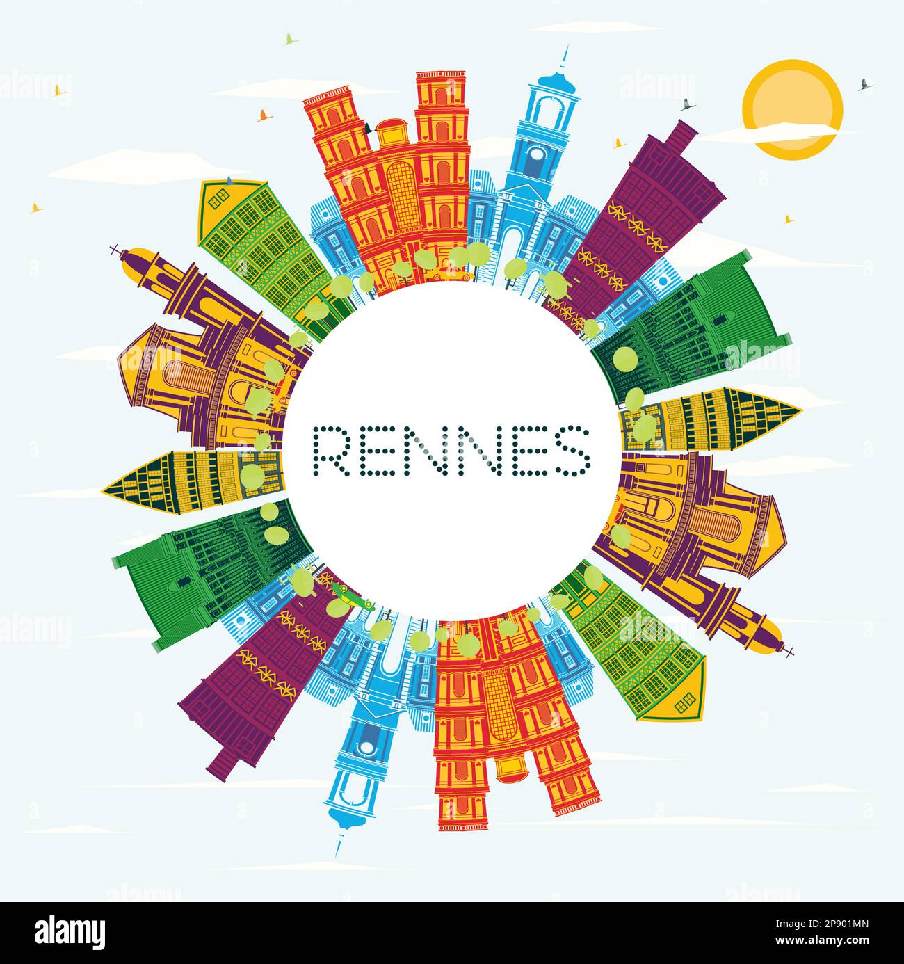 Rennes France Skyline avec bâtiments couleur, ciel bleu et espace copie. Illustration vectorielle. Voyages d'affaires et tourisme. Illustration de Vecteur
