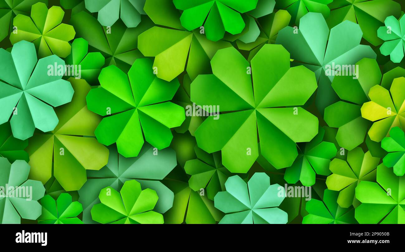 Saint Patrick Clover décoratif St Patricks Day fond vert festif comme une célébration de mars de l'origine irlandaise comme les clovers d'origami comme un graphique de vacances Banque D'Images