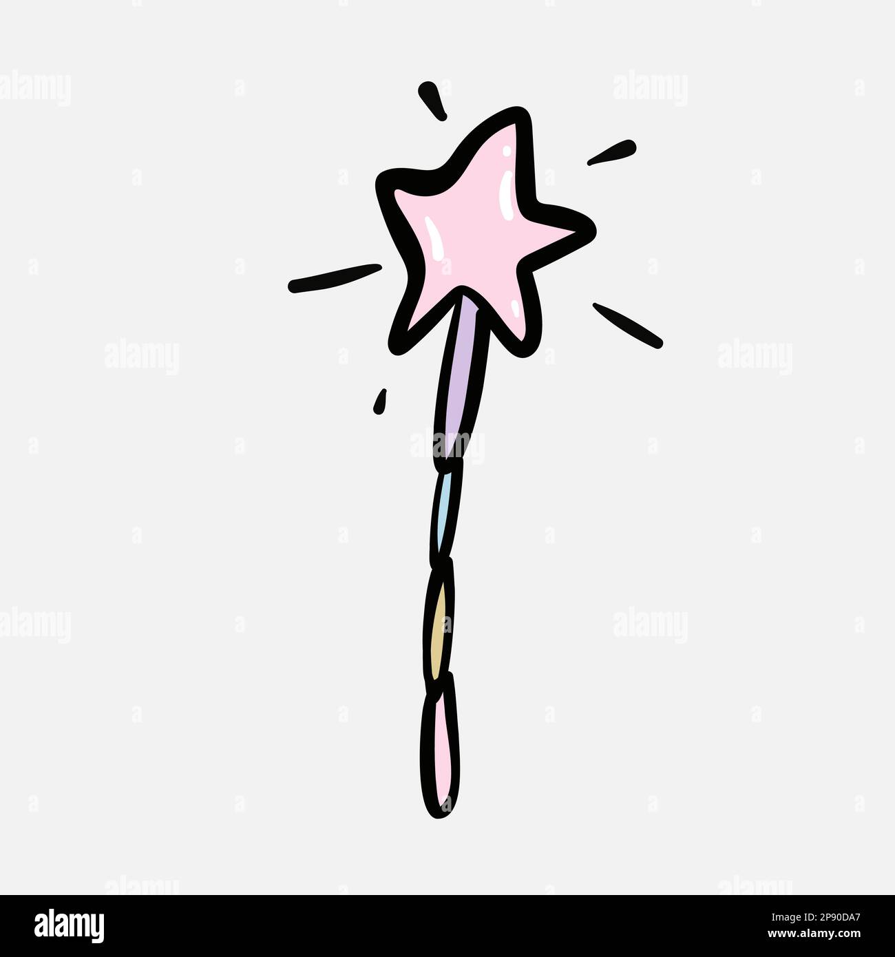 Baguette magique en forme d'étoile rose avec des flambants brillants. Baguette magique, bâton, Doodle dessin à la main illustration vectorielle, isolée. Illustration de Vecteur