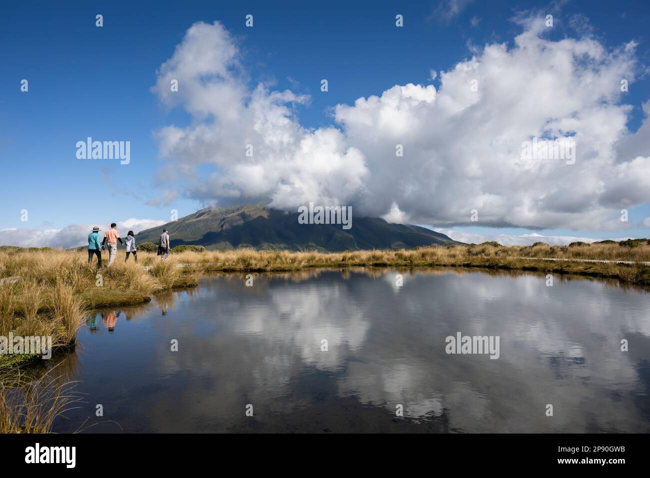 Quatre personnes randonnée à Pouakai Tarn. Mt Taranaki dans les nuages blancs, réfléchi dans le tarn. Taranaki. Nouvelle-Zélande. Banque D'Images