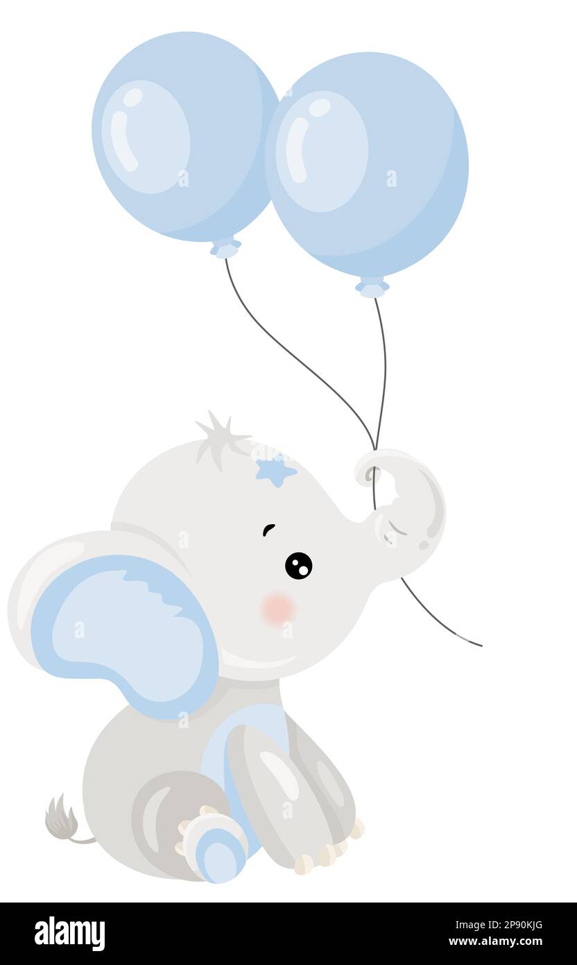 Joli petit éléphant bleu tenant un ballon Banque D'Images