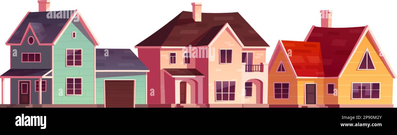 Ensemble de maisons de dessin animé avec garages isolés sur fond blanc. Illustration vectorielle de la façade de bâtiments de chalets avec portes, fenêtres, mur de briques de couleur Illustration de Vecteur