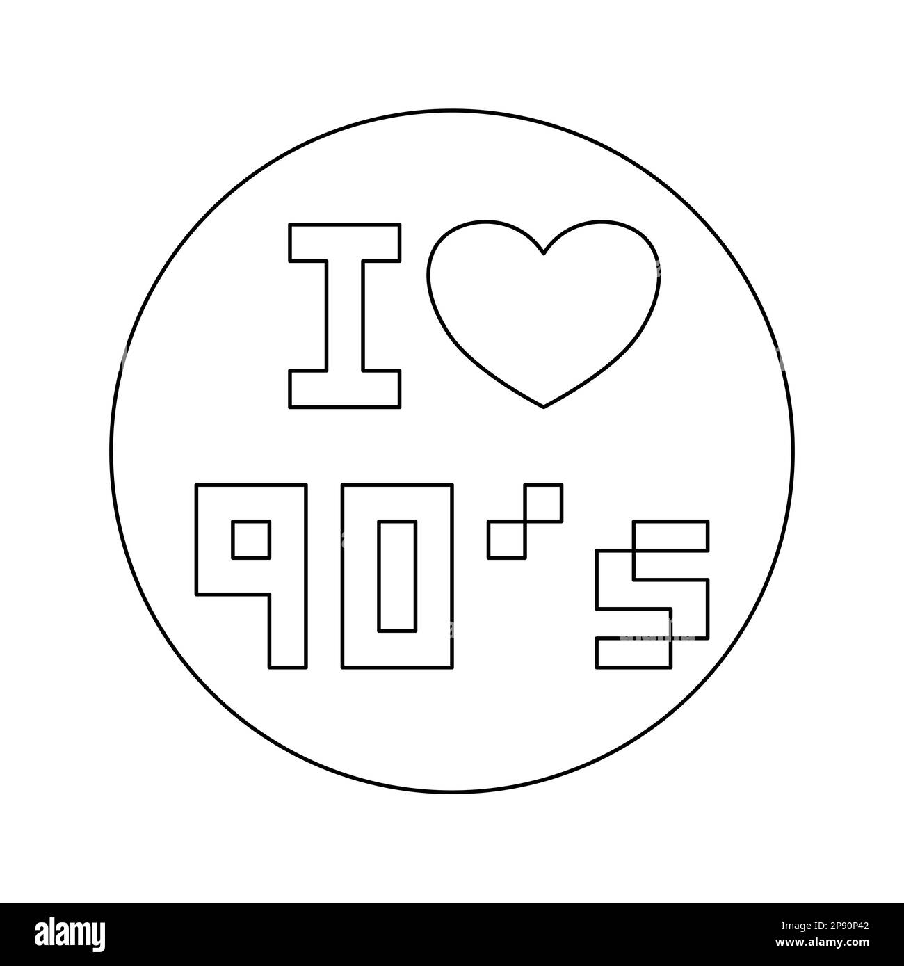 J'aime les années quatre-vingt-dix 90s autocollant, le style Doodle plat vecteur illustration pour le livre de coloriage Illustration de Vecteur